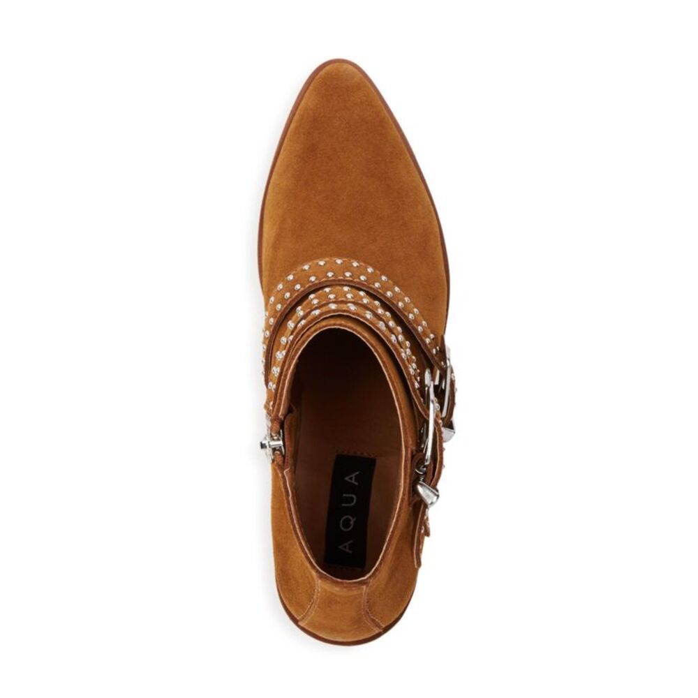 AQUA Womens Brown Studded Blane Almond Toe Block Heel Zip-Up Leather Booties 6 M - Picture 2 of 3